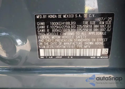 2026 Honda Hr-V 2Wd Sport z USA, uszkodzony, nr VIN 3CZRZ1H54TM715197